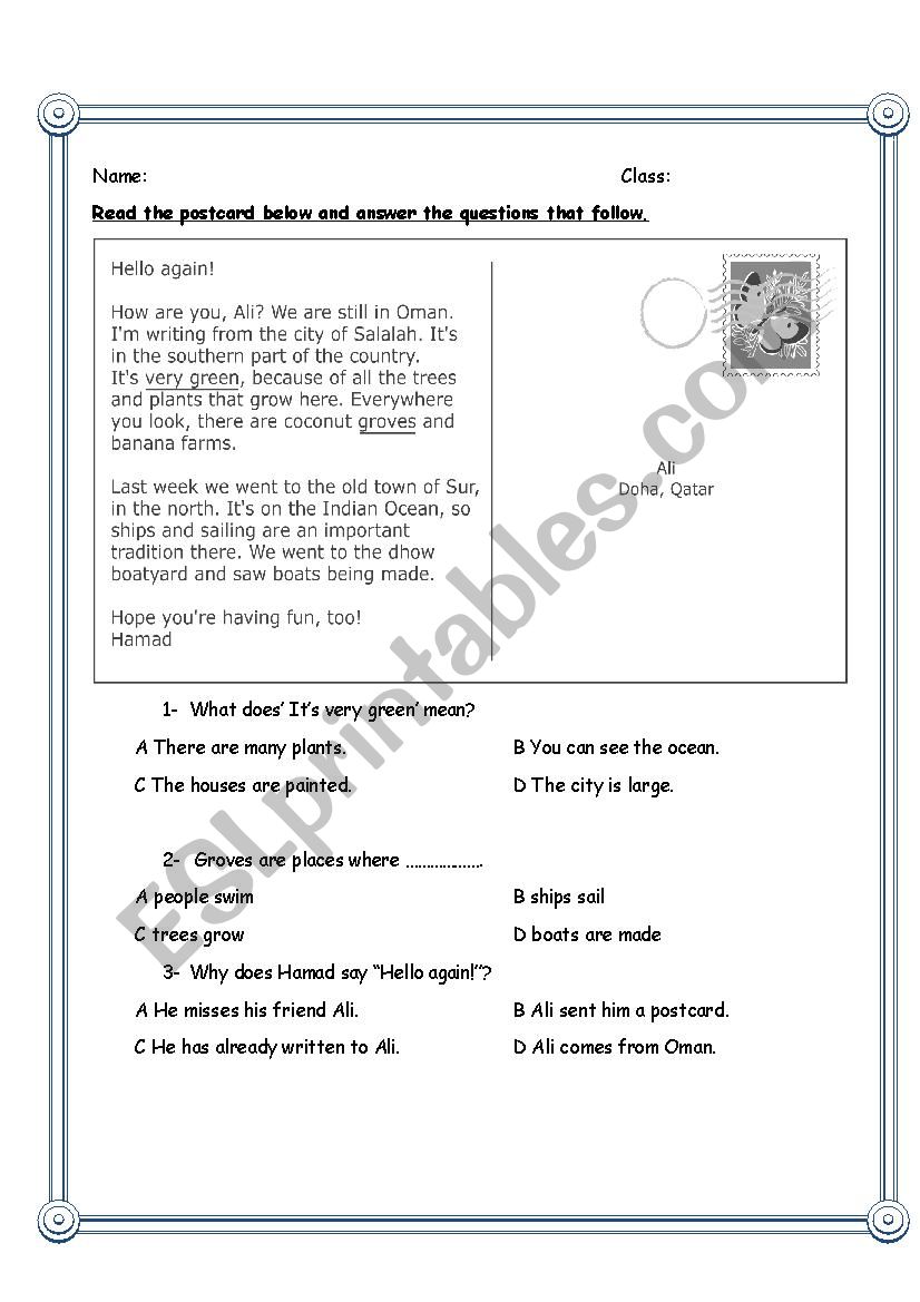 post card worksheet