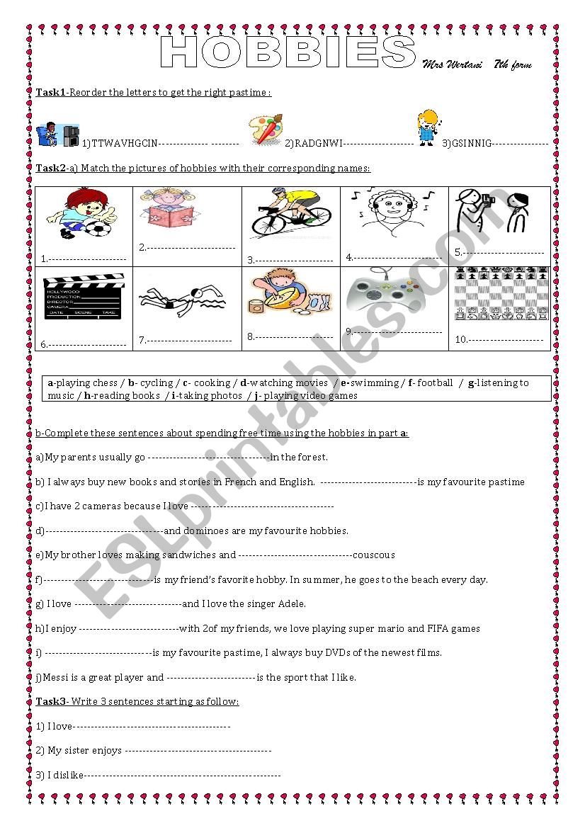 HOBBIES worksheet