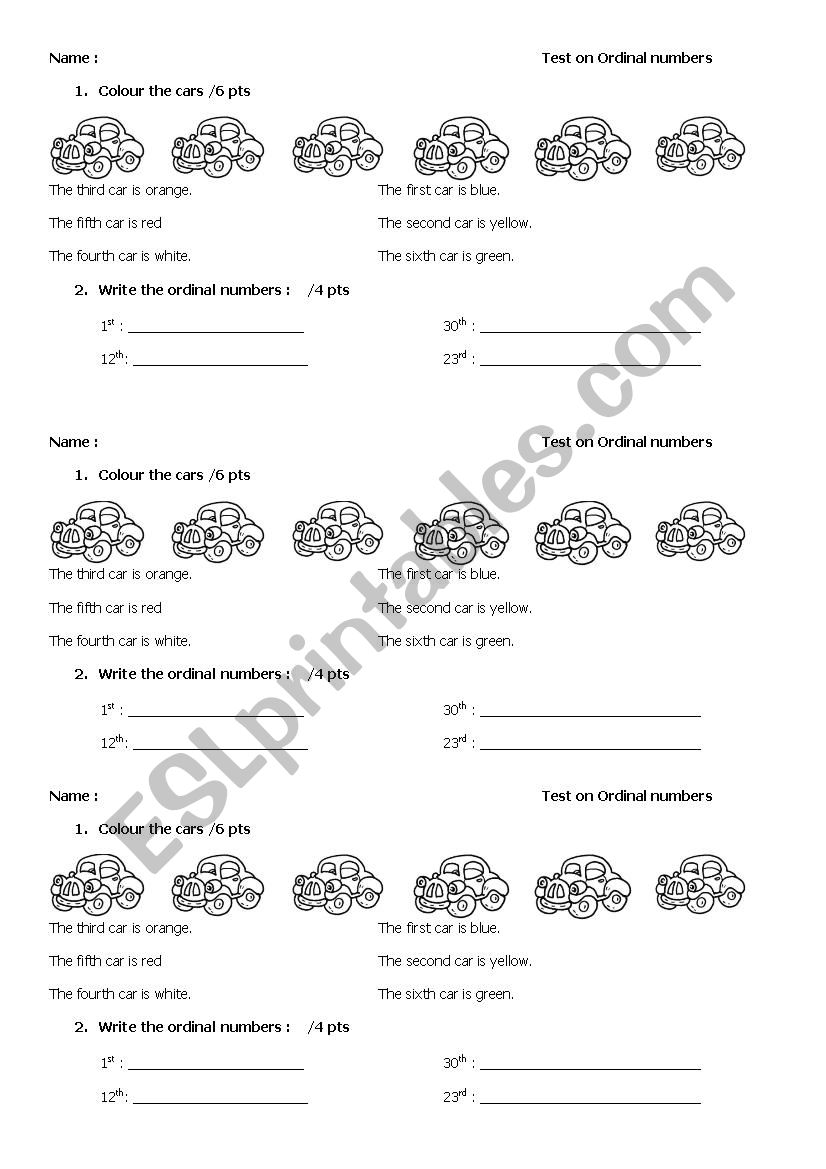 ordinal numbers worksheet