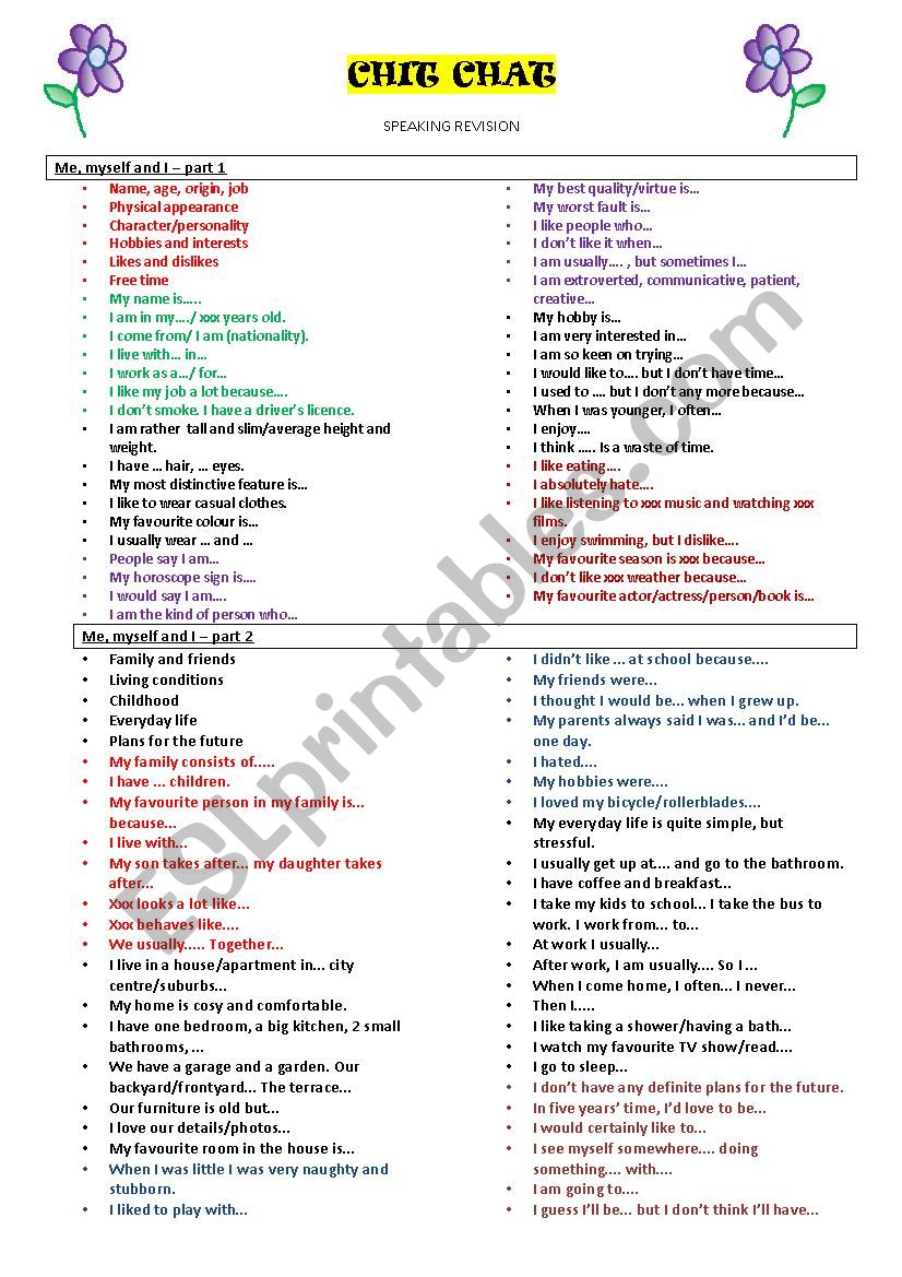 CHIT CHAT - speaking revision worksheet