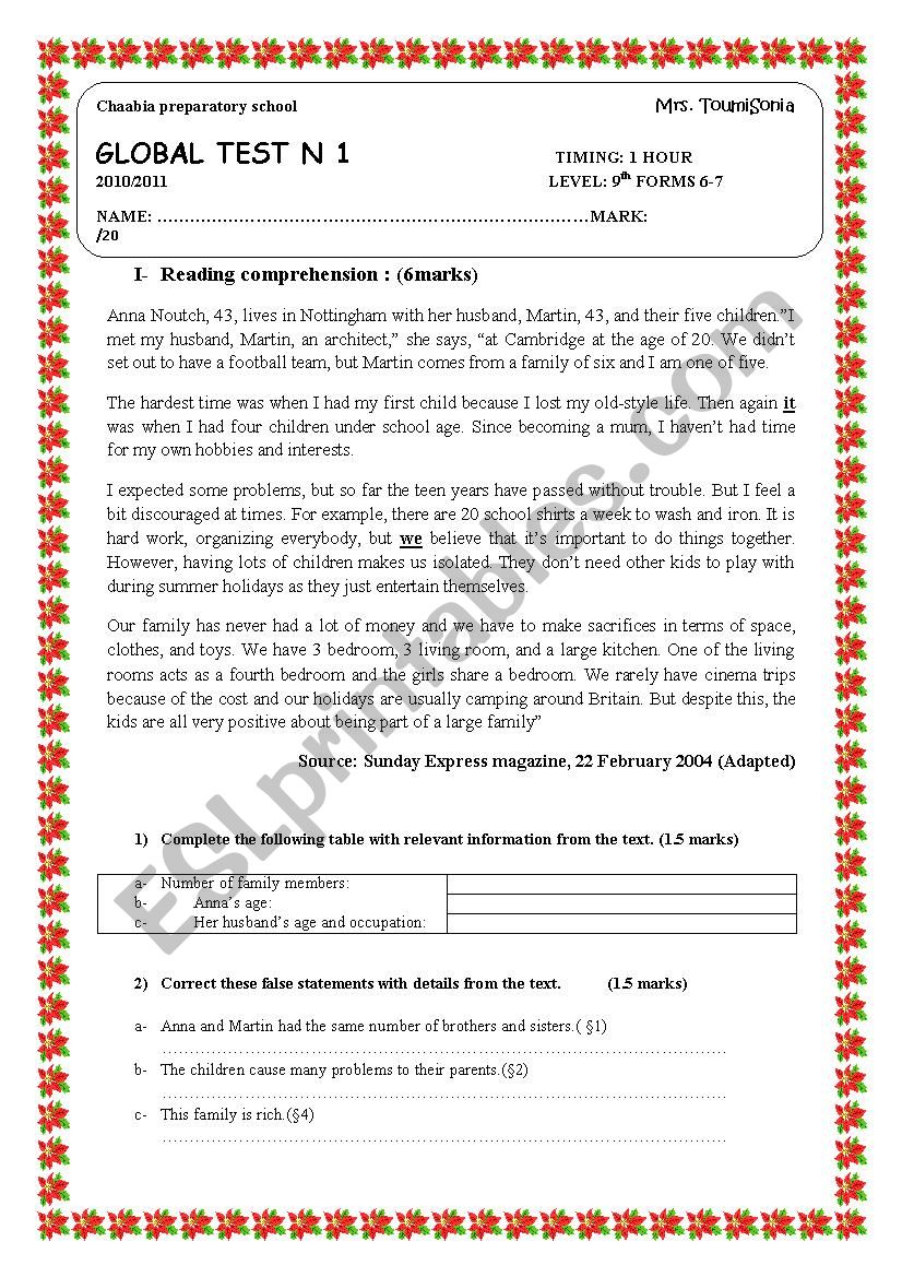 End -term test N°1 9th forms worksheet