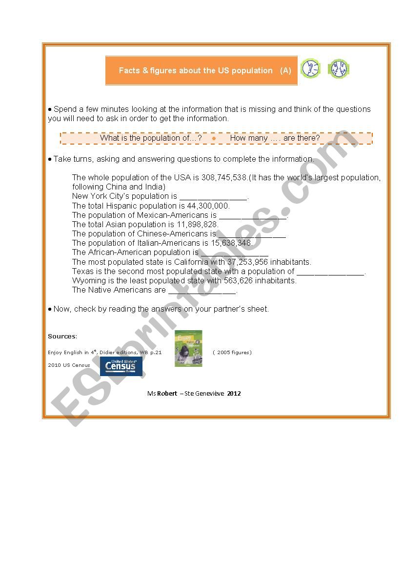 US POPULATION worksheet