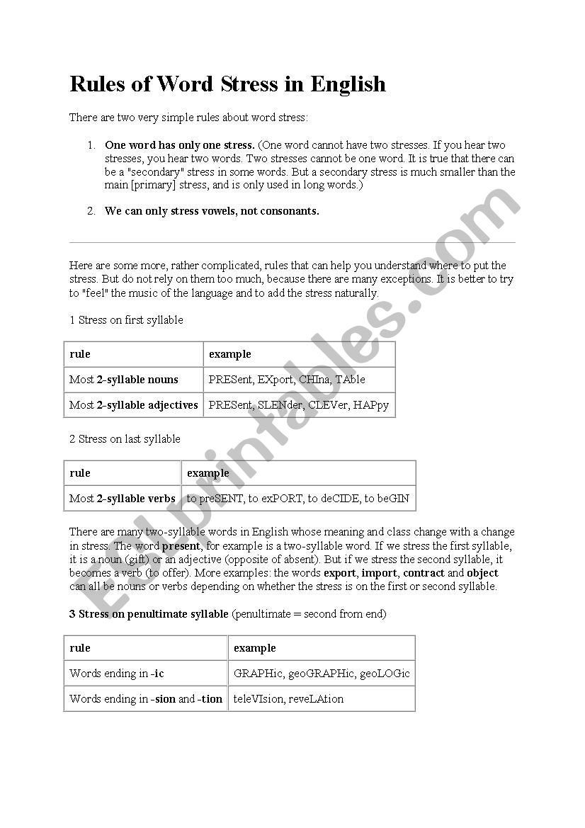 word stress rules worksheet