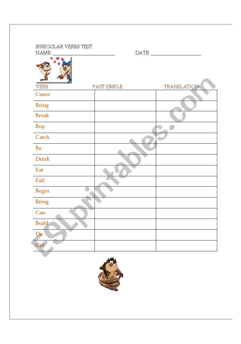 Irregular Verbs Test worksheet