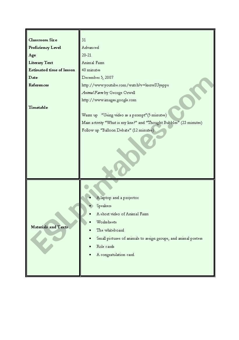 Literature, Animal Farm  worksheet