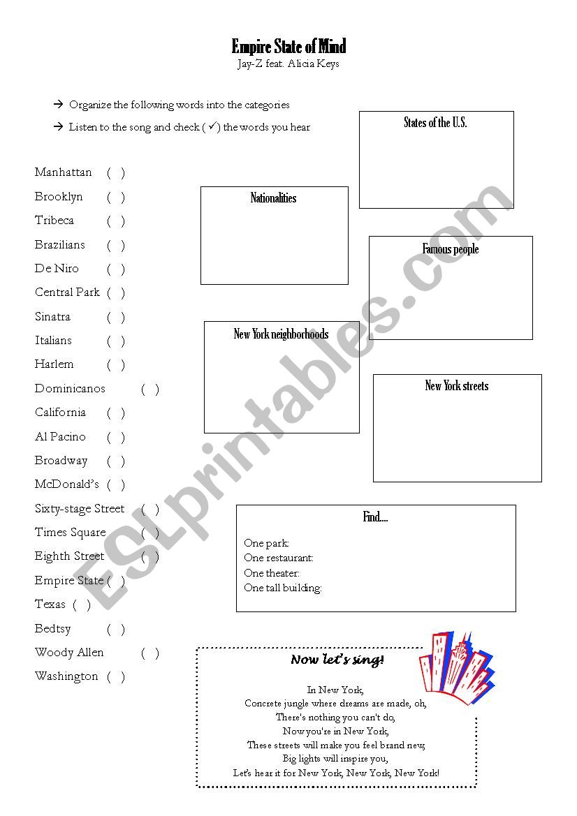 Song - Empire State of Mind worksheet