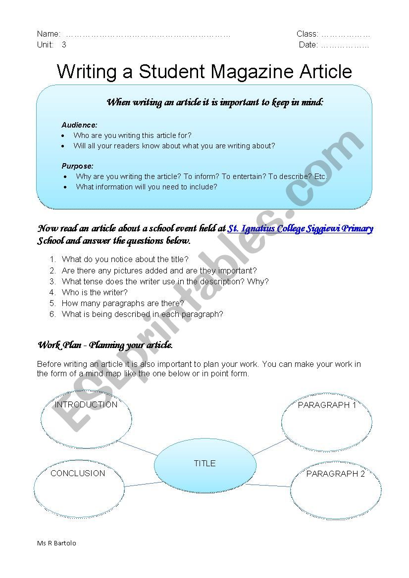 Writing an article worksheet