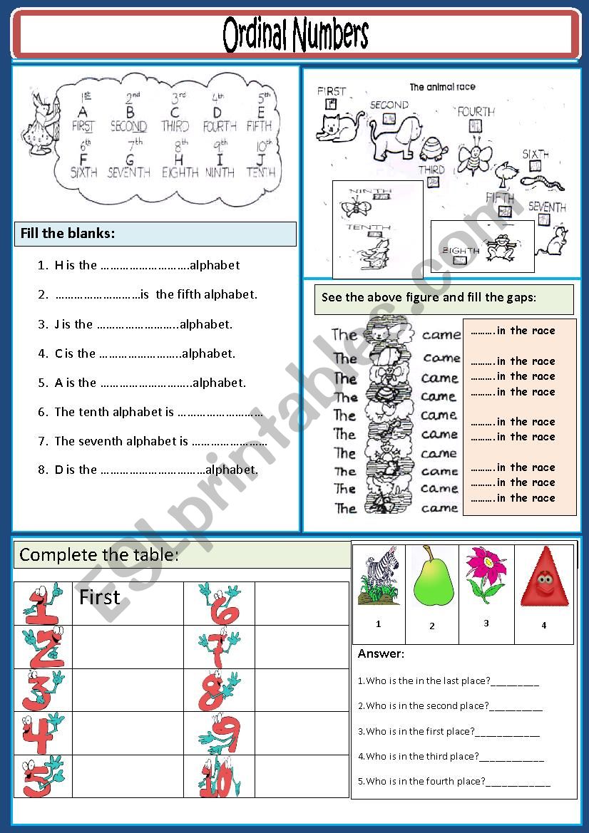 Ordinal numbers worksheet