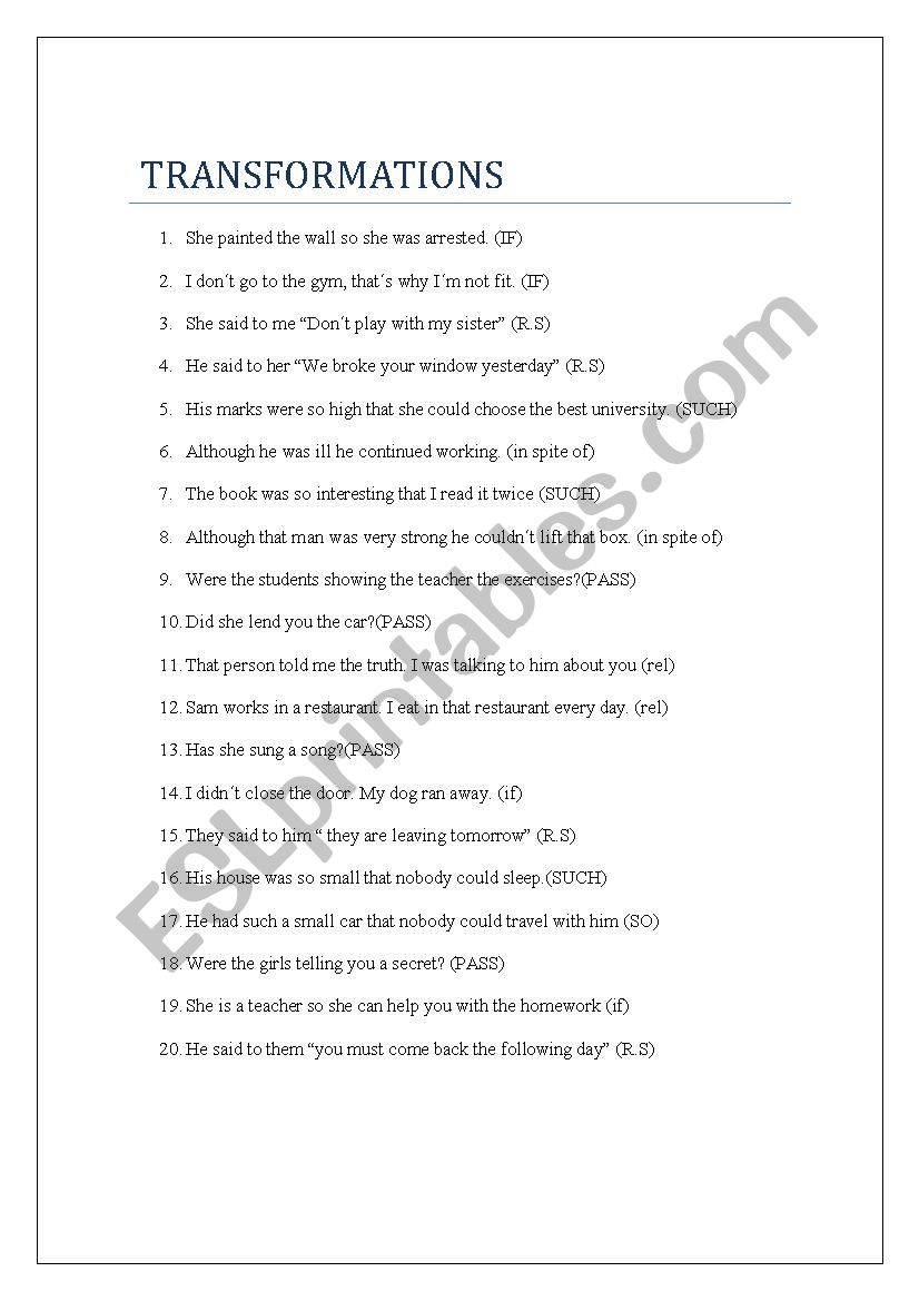 TRANSFORMATIONS worksheet