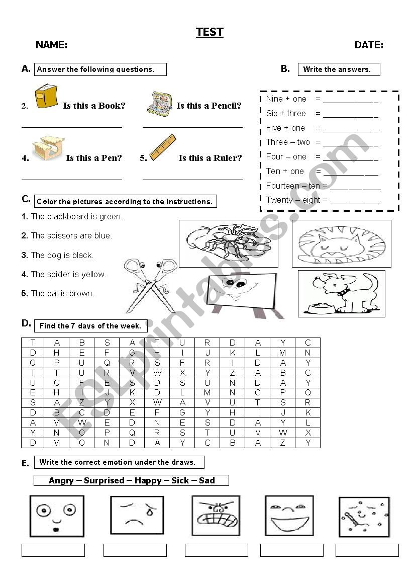 Elementary test 1 worksheet