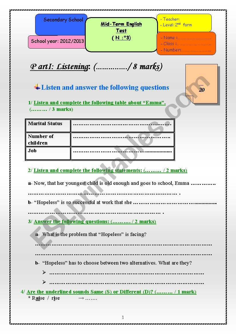 Second Form Test  worksheet