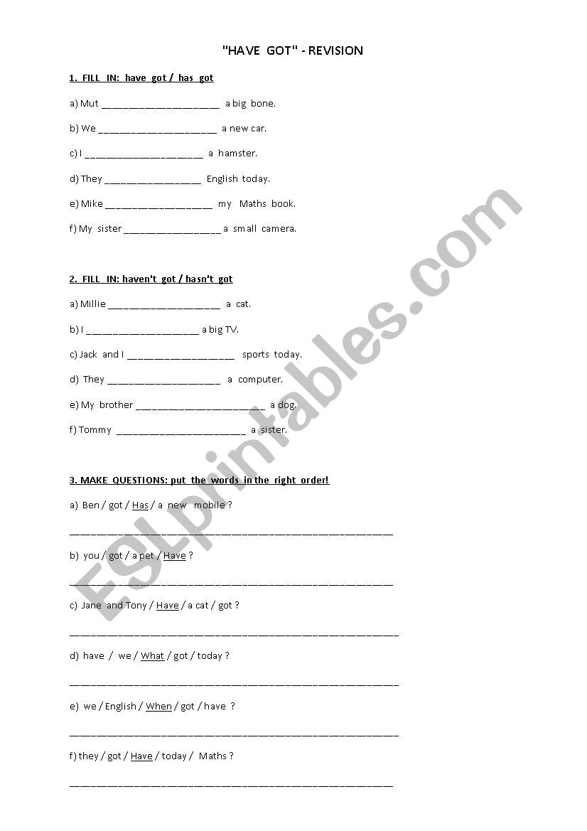 HAVE  GOT - drill worksheet