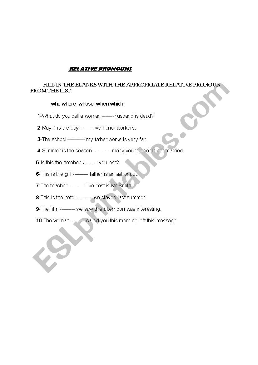 relative pronouns worksheet