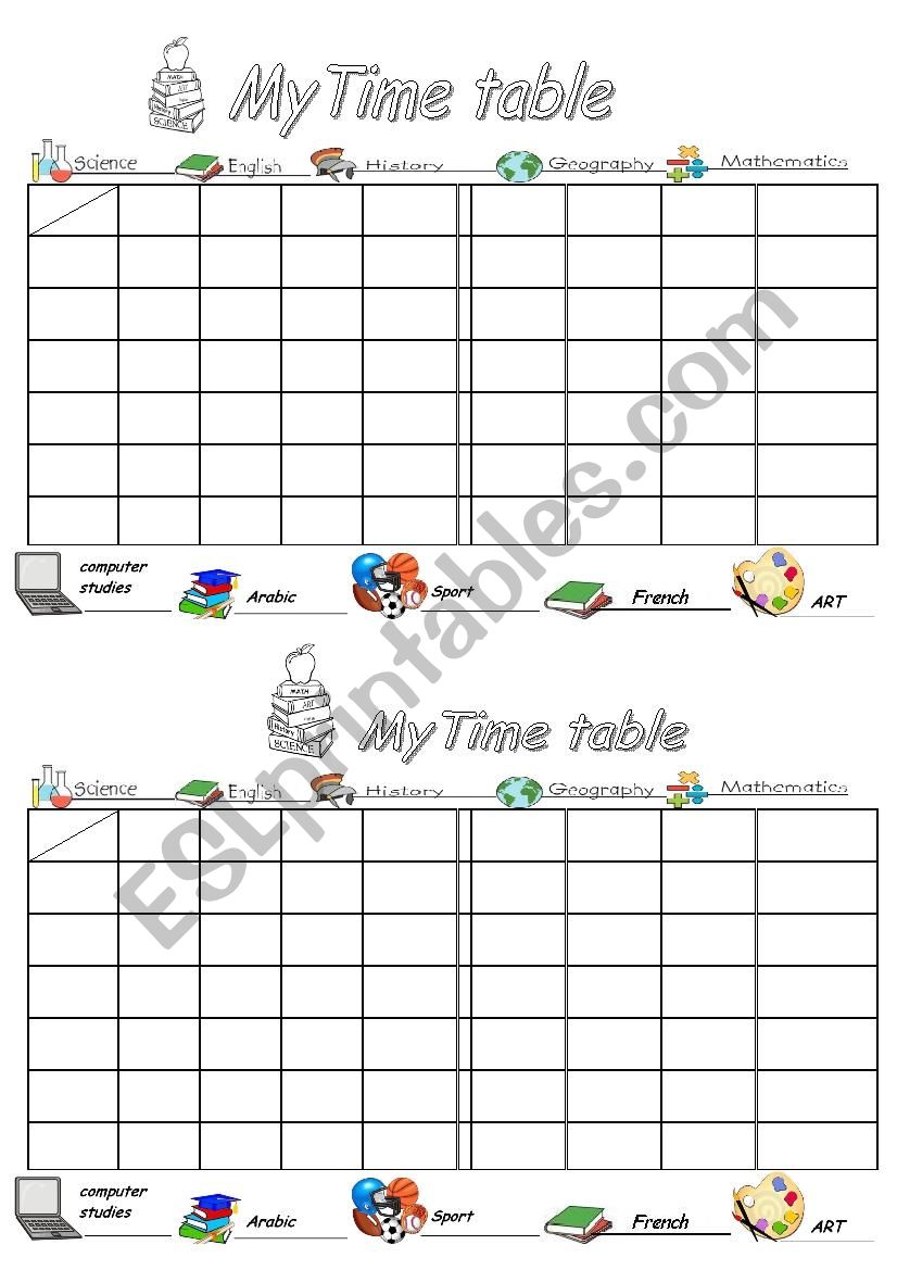 My time table worksheet