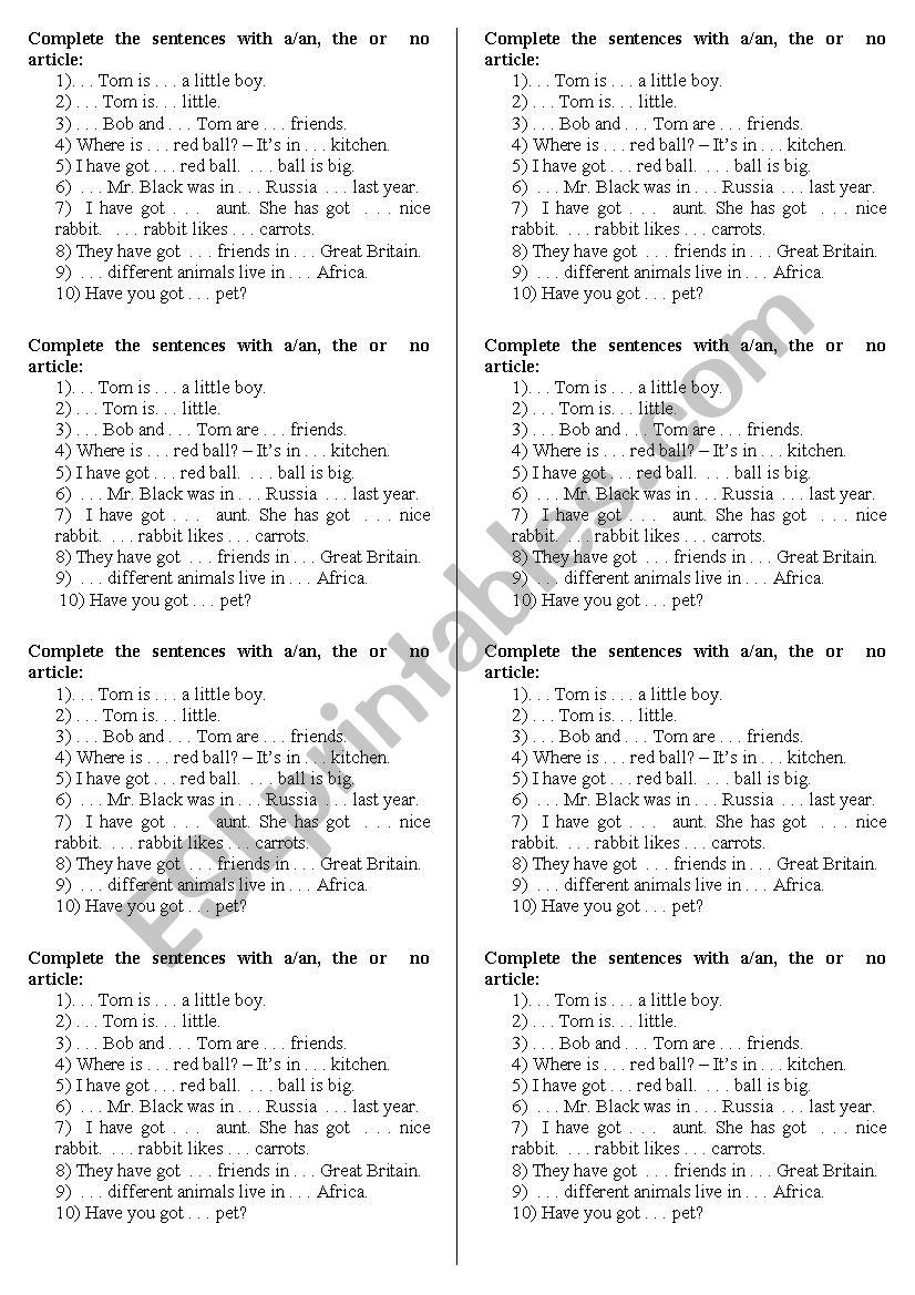 Articles worksheet