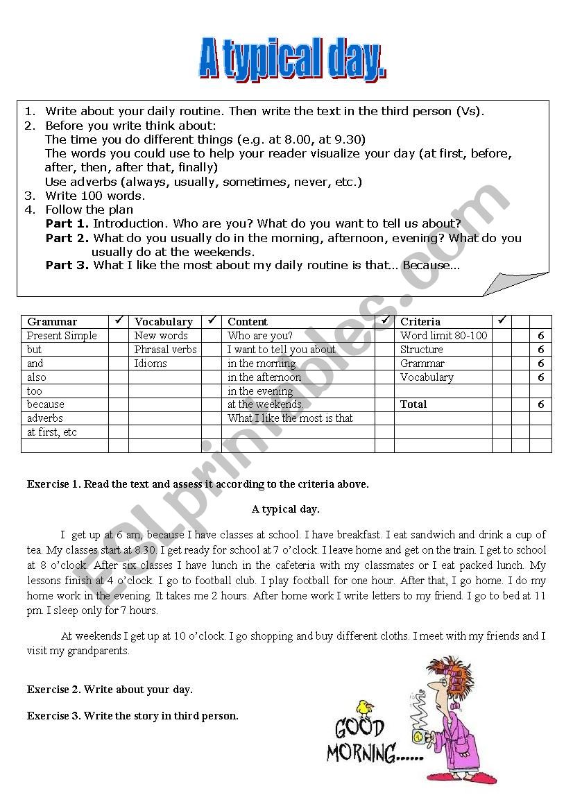 My day. Sample essay with criteria for assessment