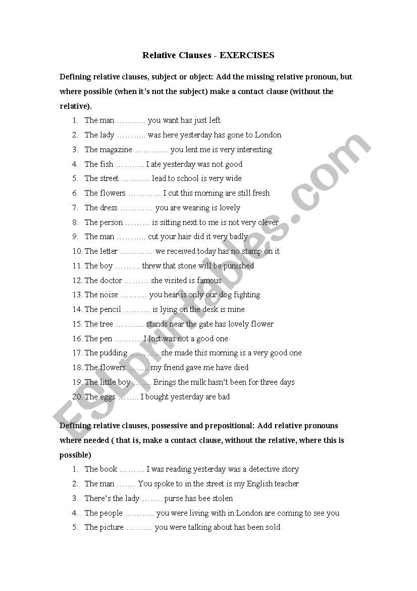 Relative Clauses - EXERCISES worksheet