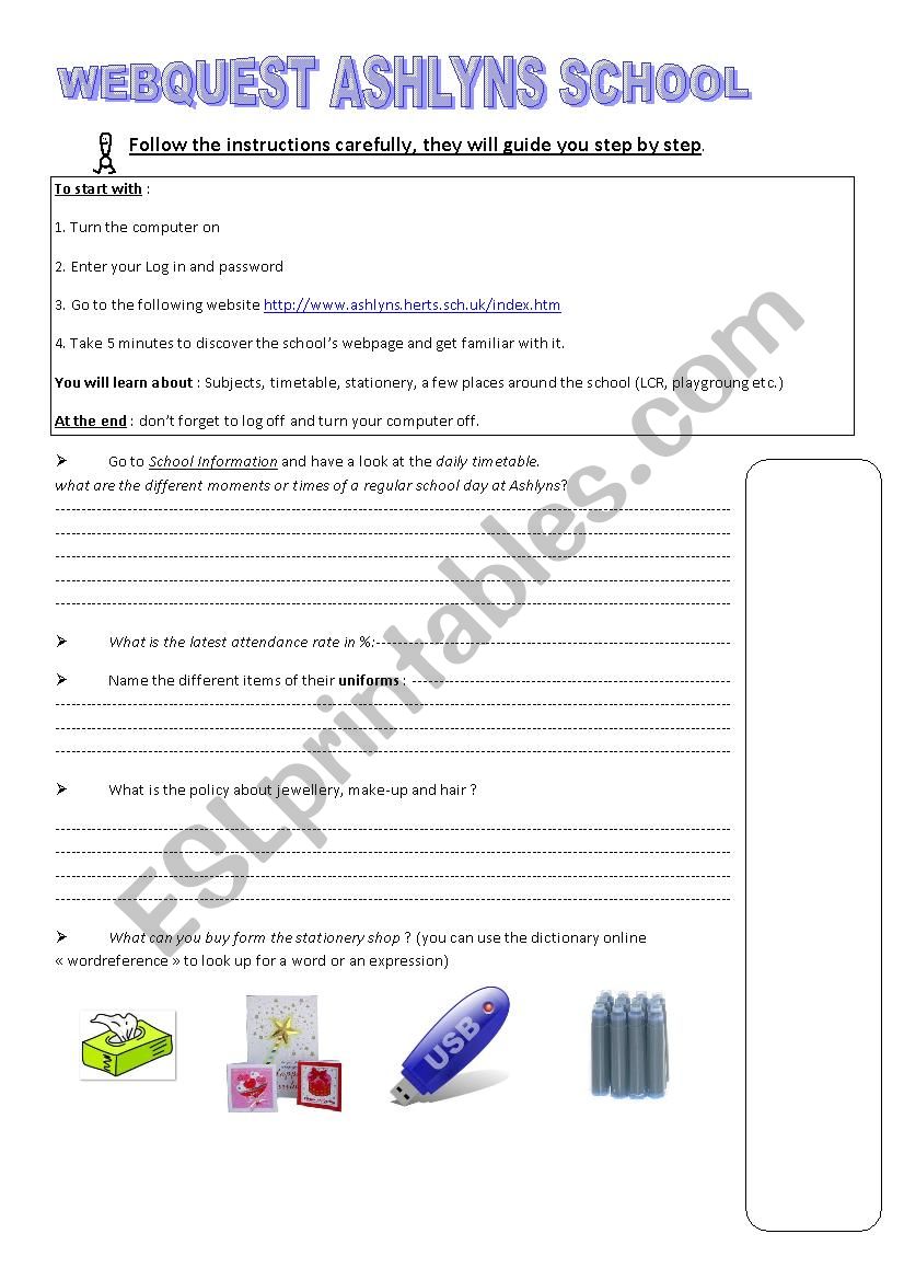 Webquest English school worksheet