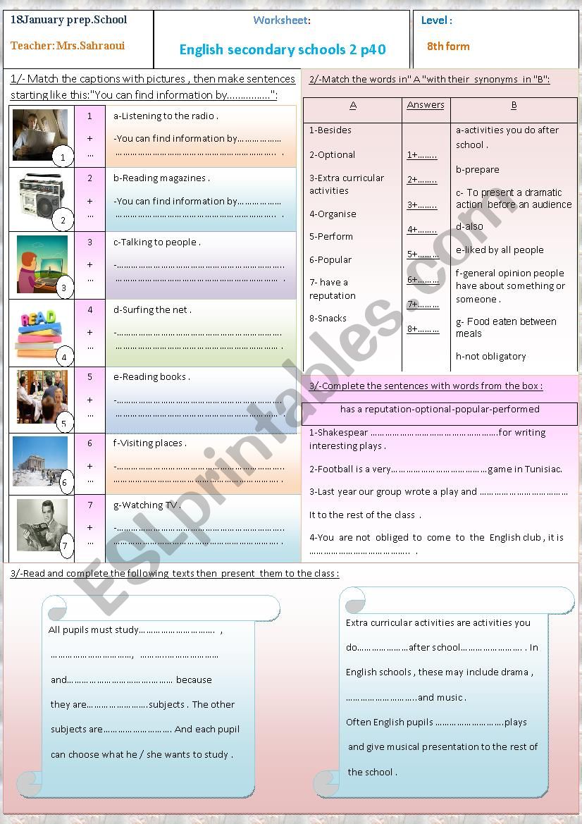 English secondary schools 3 worksheet