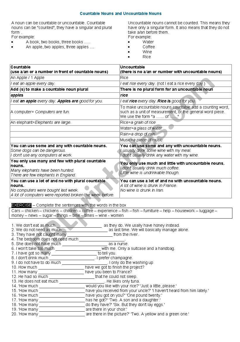 countables/ uncountables worksheet