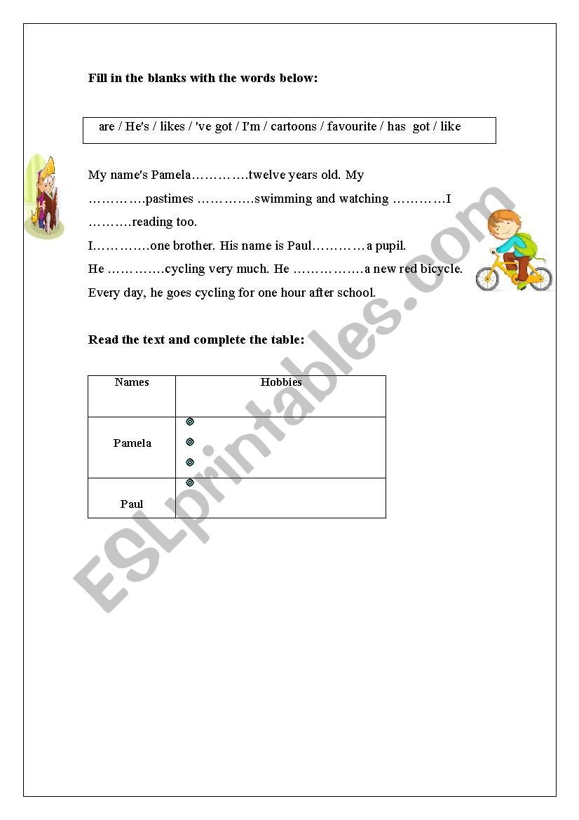 hobbies worksheet