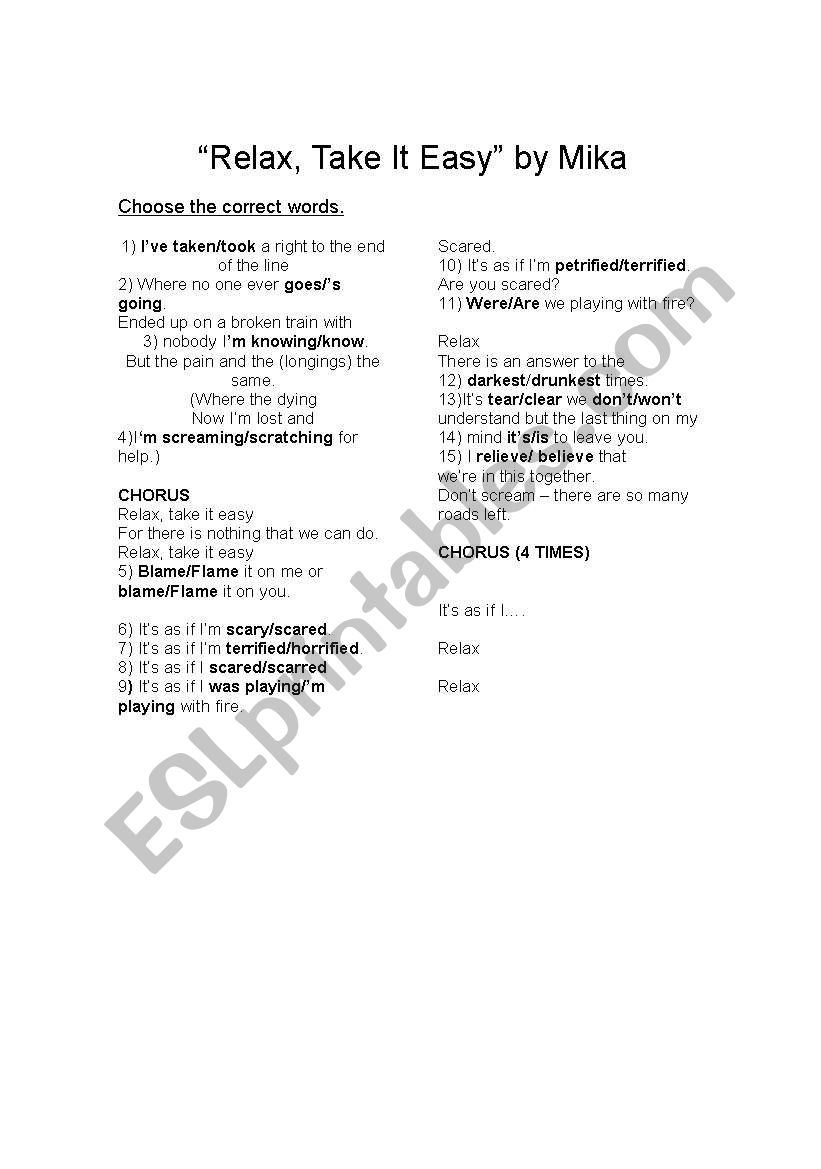 Relax take it easy  worksheet