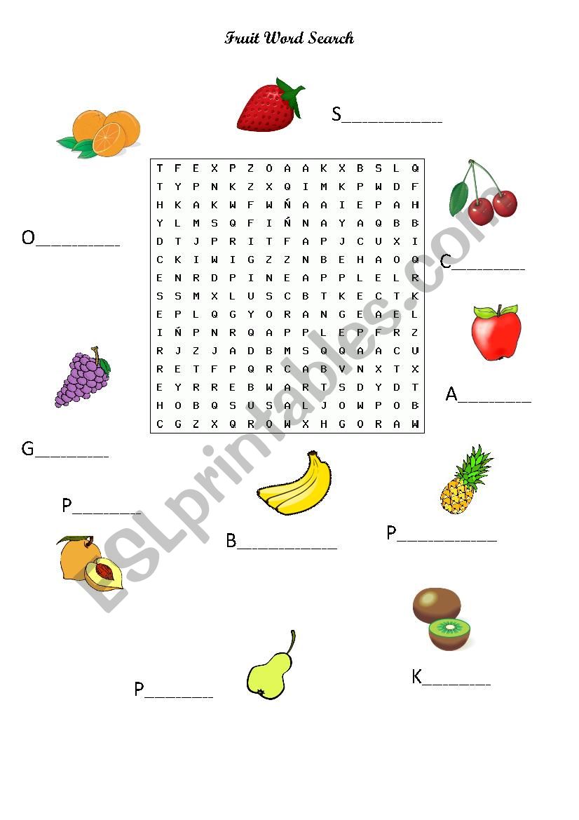 Fruit Word search worksheet