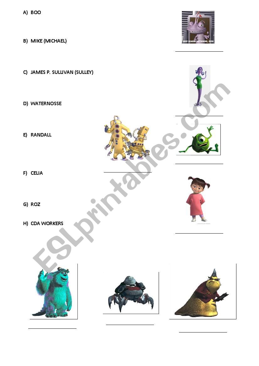 Monsters INC. printable worksheet