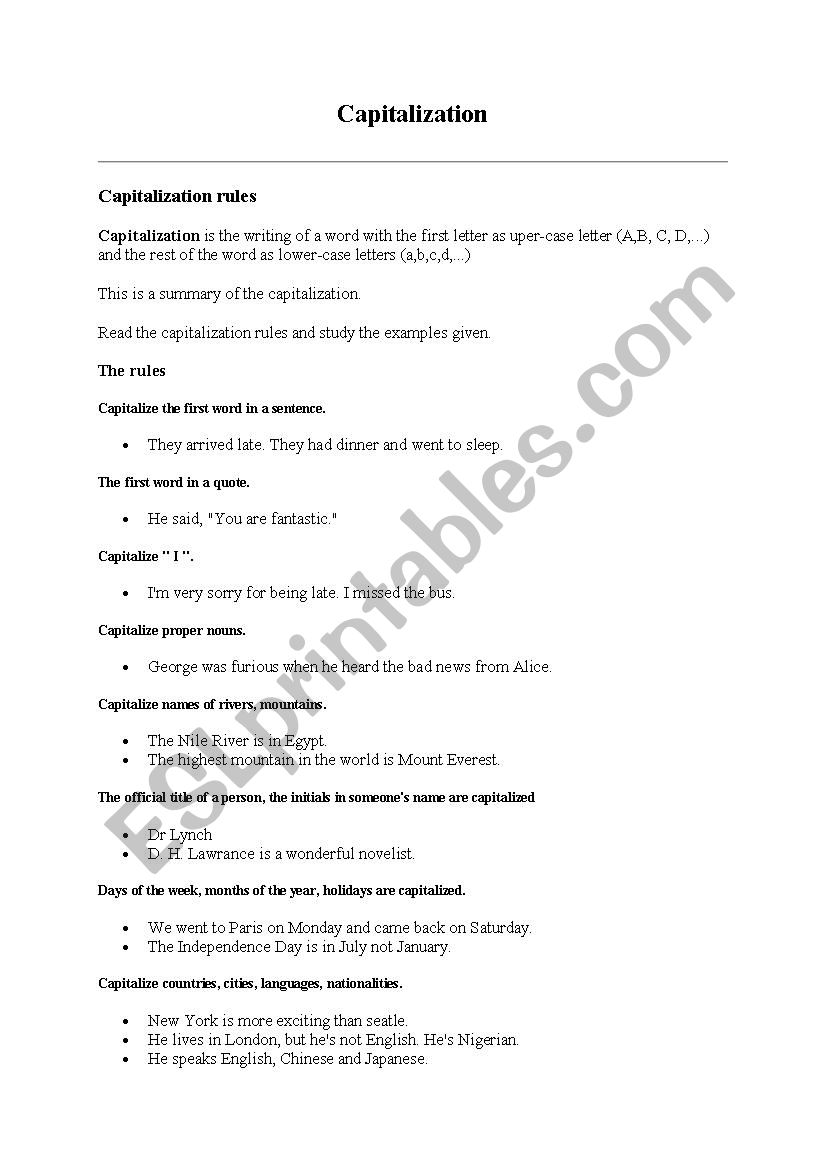 Capitalization worksheet