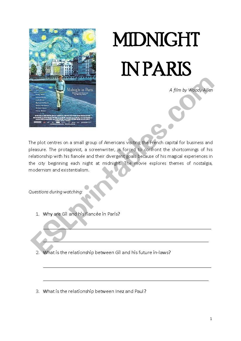 Midnight in Paris worksheet