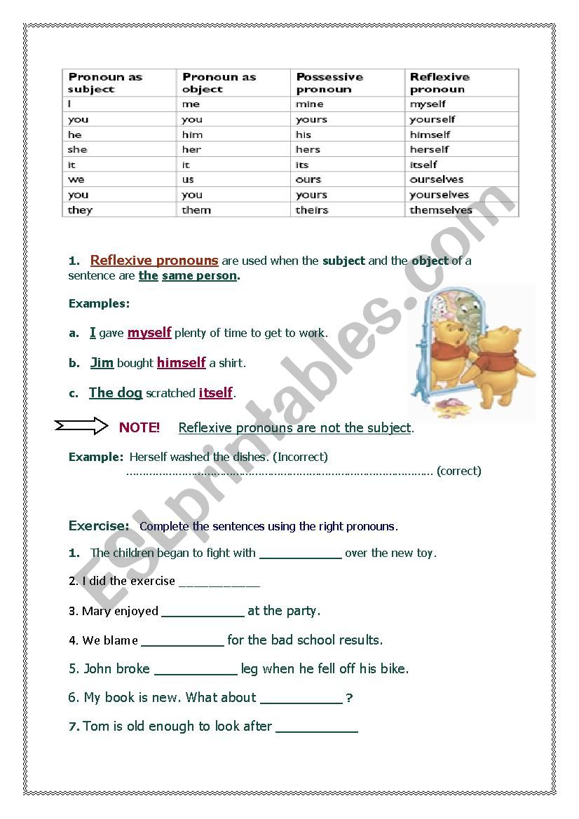 reflexive pronouns worksheet