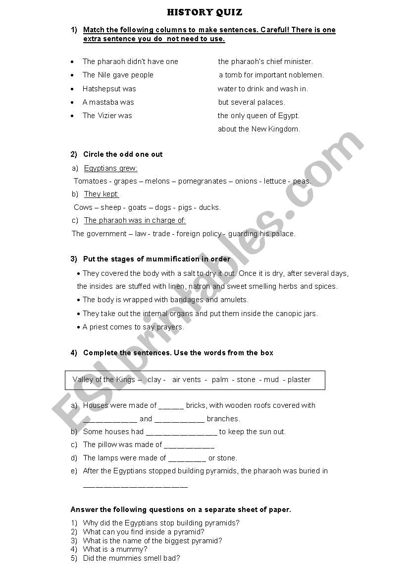 Egypt Quiz worksheet