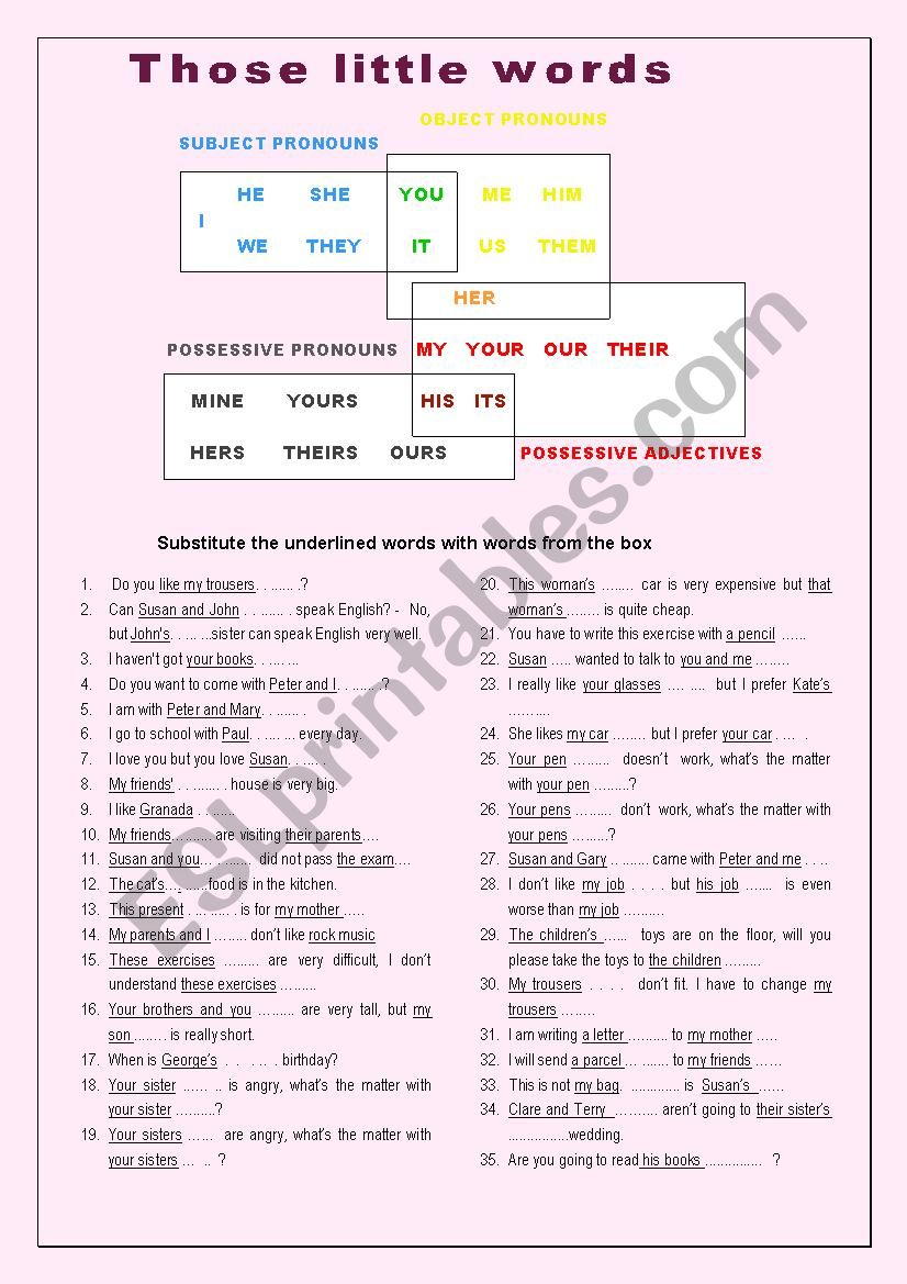 Those little words worksheet