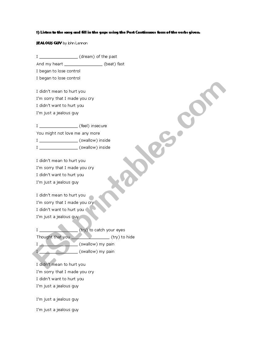 Jealous Guy by John Lennon worksheet