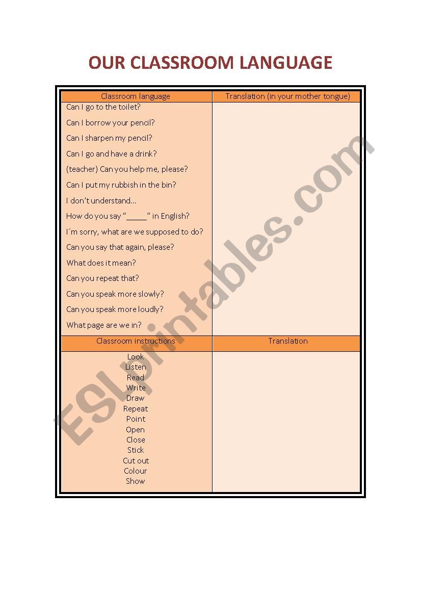 Classroom language worksheet