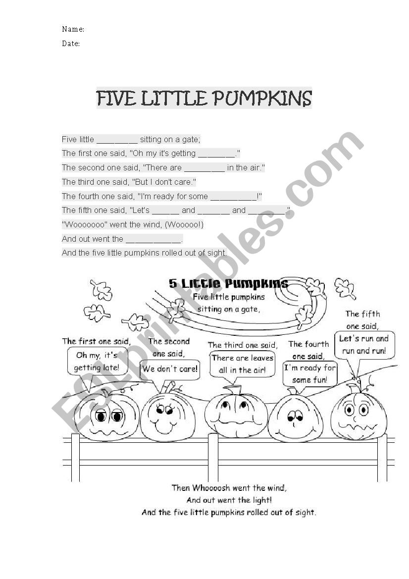 Five Little Pumpkins song worksheet