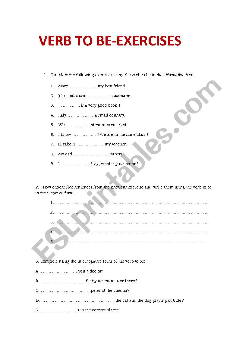 VER TO BE EXERCISES worksheet