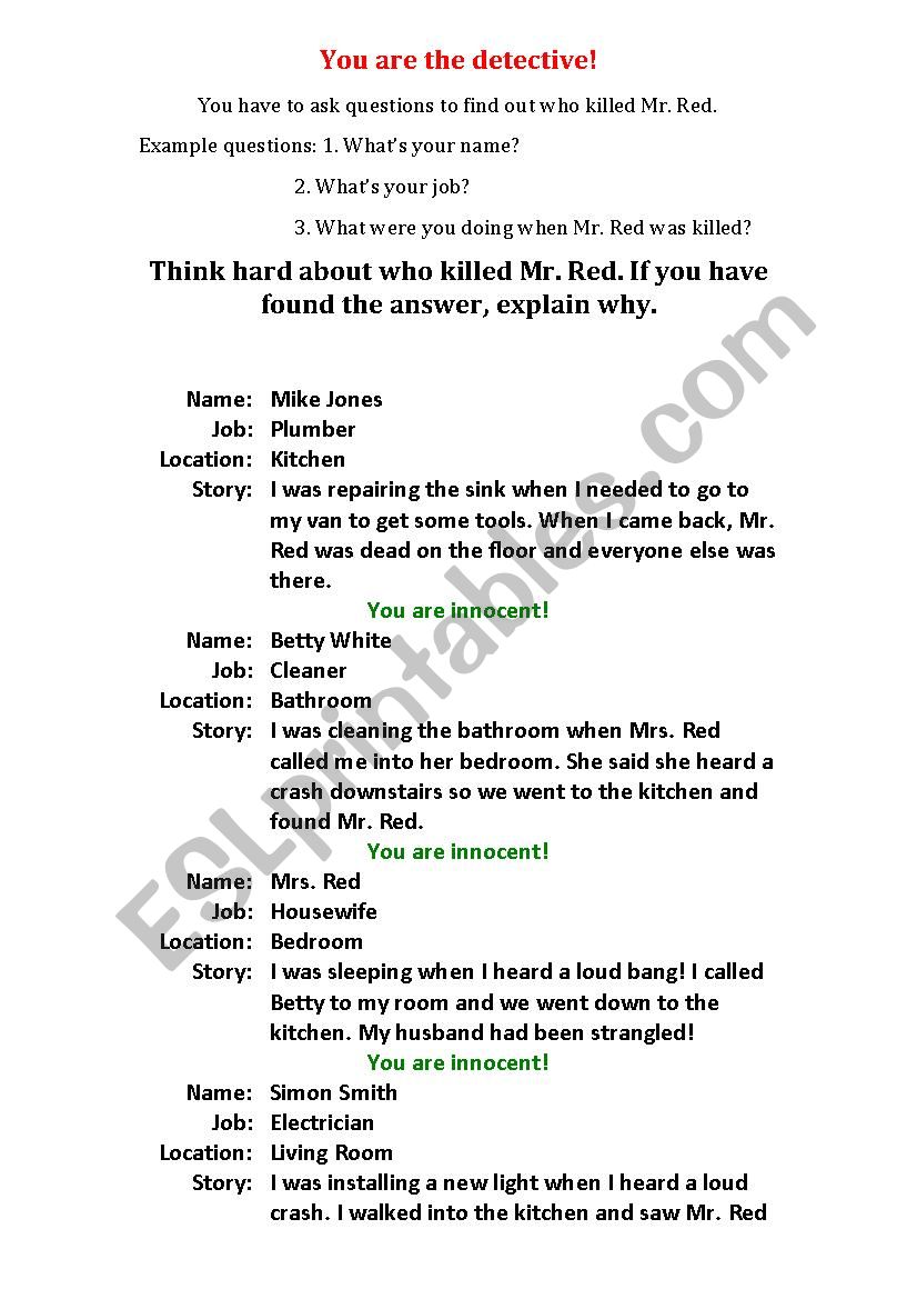 Detective Game worksheet