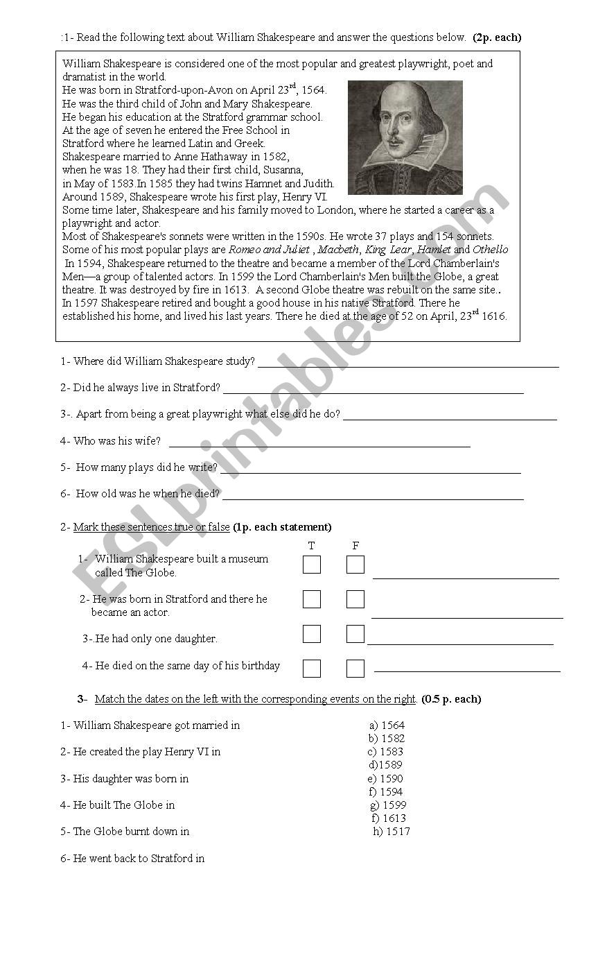 Shakespeare worksheet