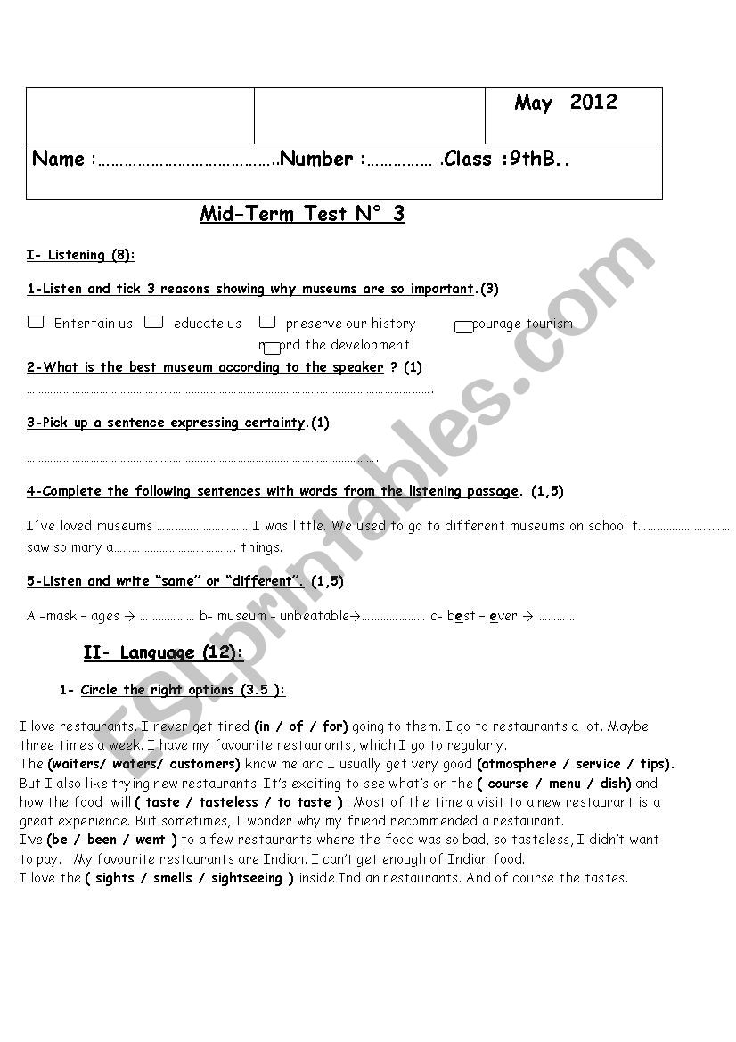 test 9 th grade pupils  worksheet