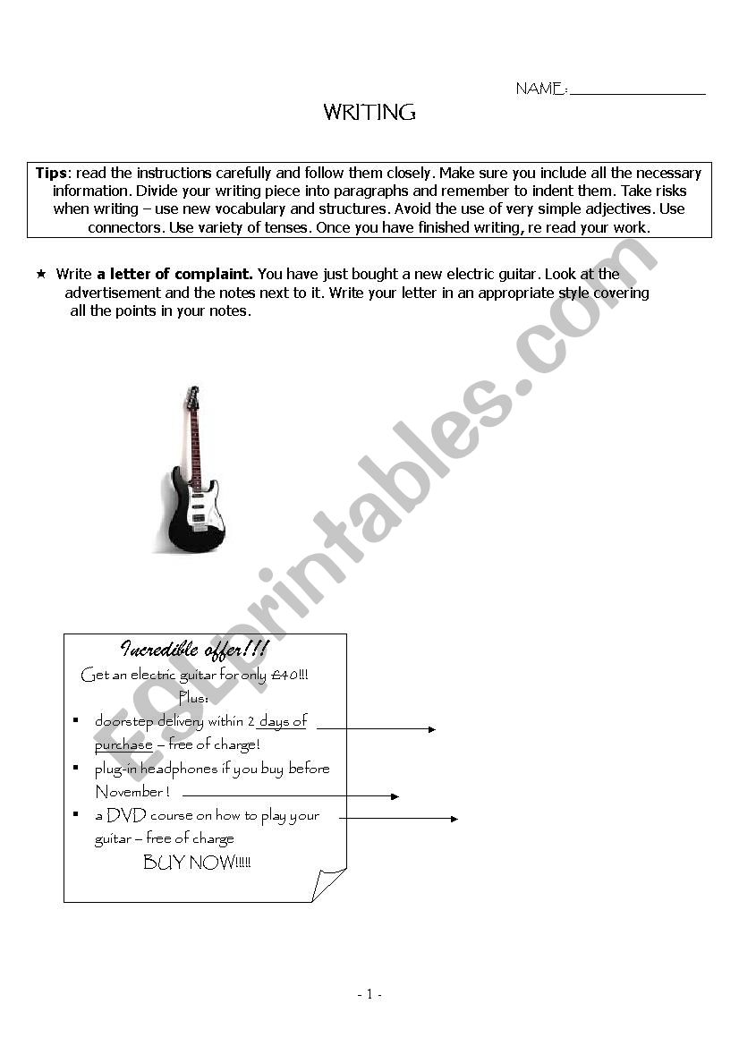 LETTER OF COMPLAINT worksheet