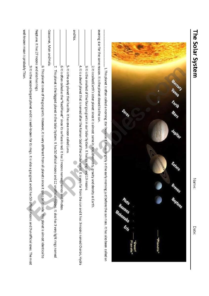 The Solar System worksheet