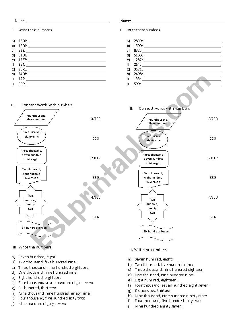 Test numbers from 1 to 9.999 worksheet