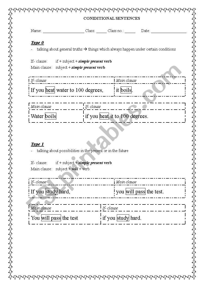 Conditionals Type 0 -3 Table  worksheet