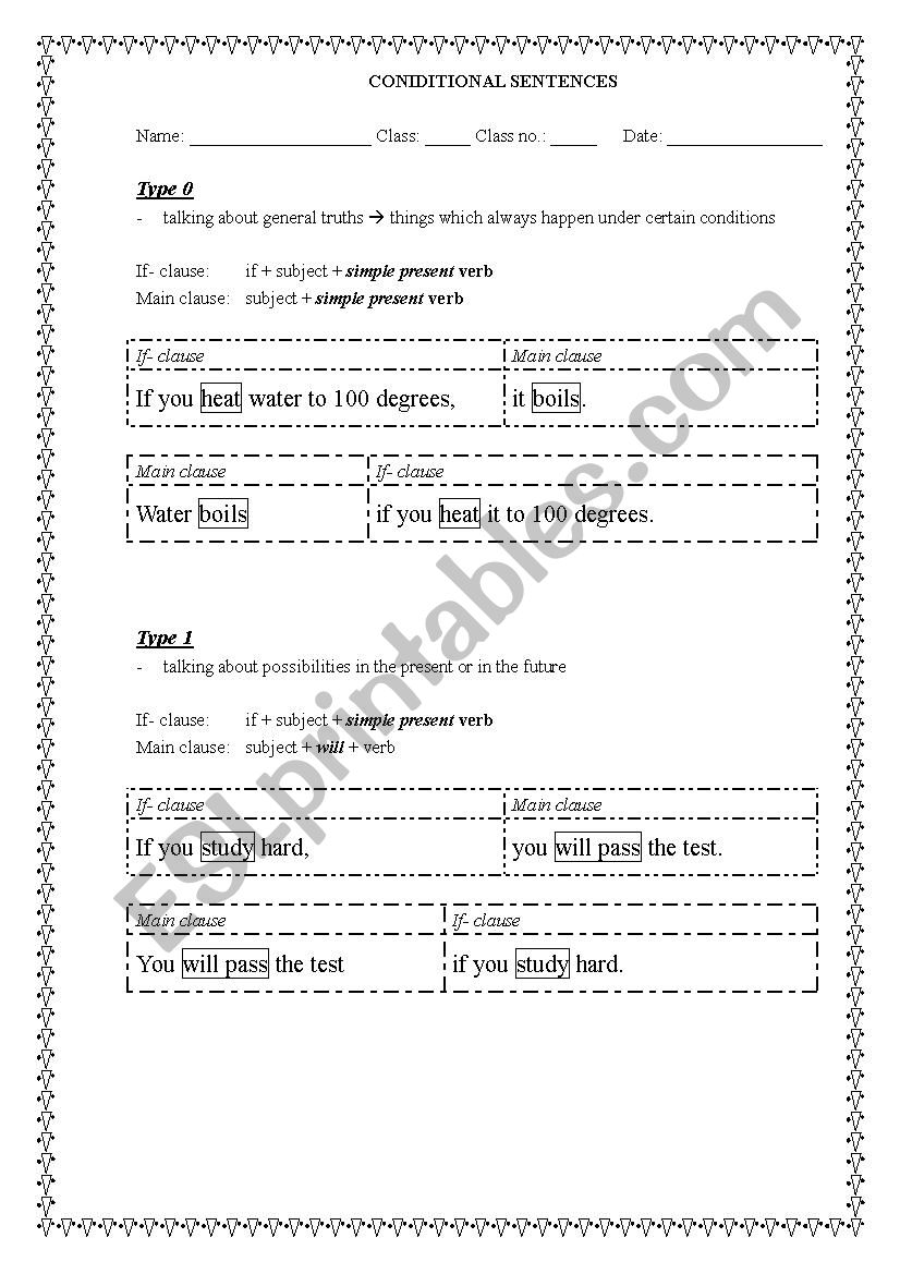 Conditionals Type 0 -3 Table worksheet Conditionals Type 0 -3 Table worksheet