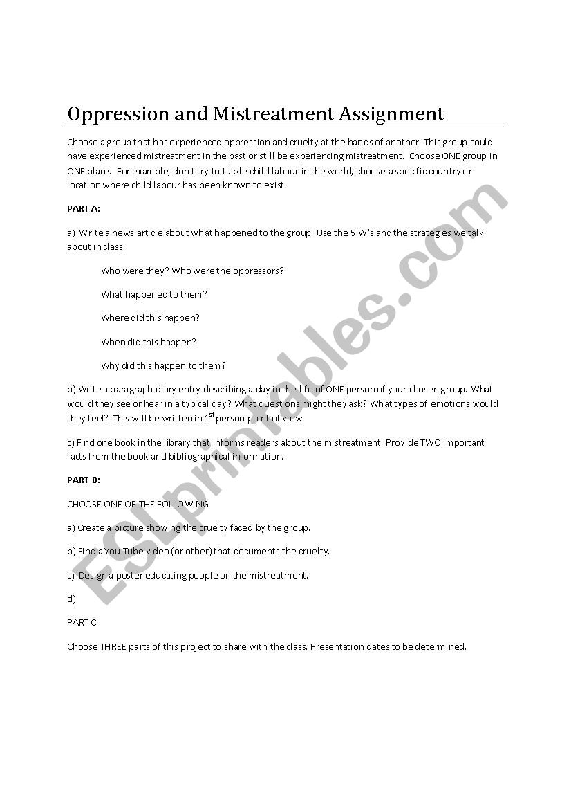 Oppression Research Task  worksheet