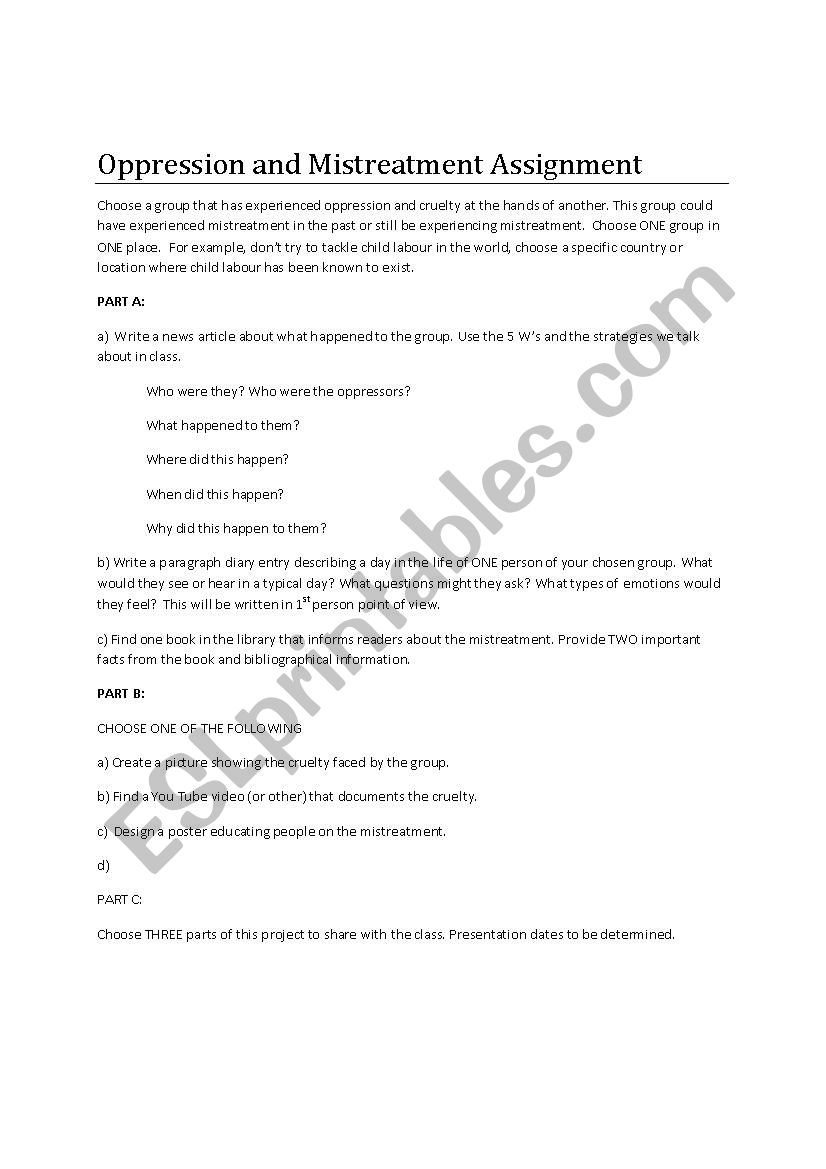 Oppression Research Task  worksheet