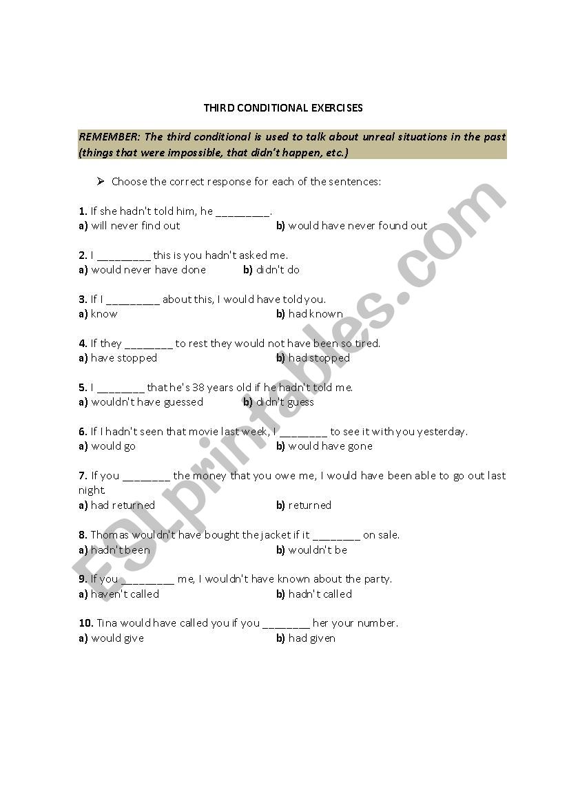 third conditional exercises worksheet