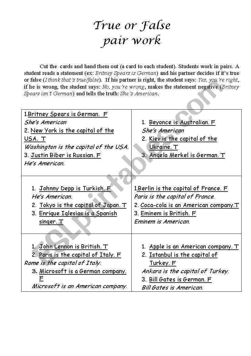 True or false pair work worksheet