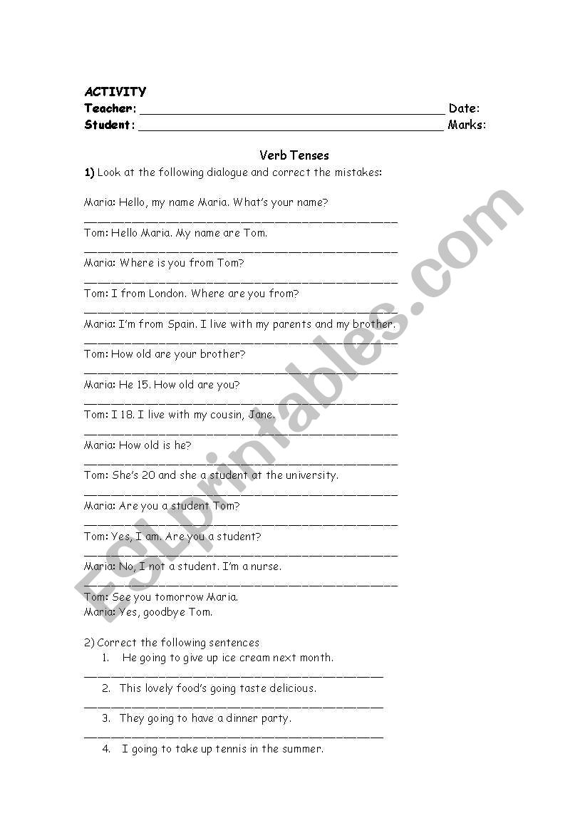 Working with verb tenses worksheet